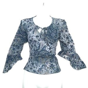 90s blue paisley semi-sheer keyhole tie blouse